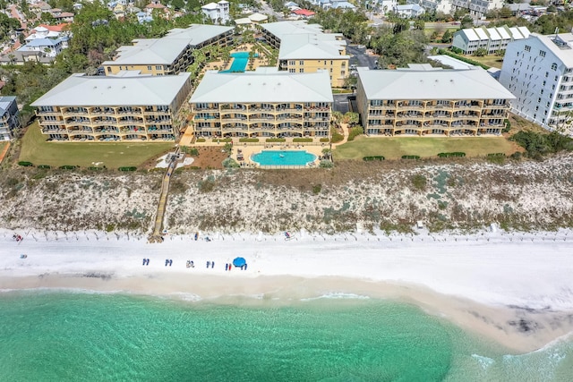 aerial view featuring a view of the beach and a water view