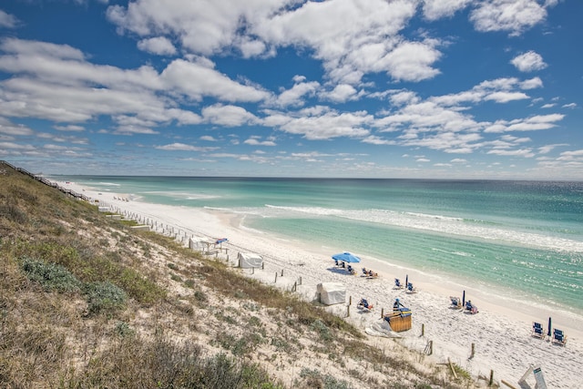 property view of water featuring a beach view