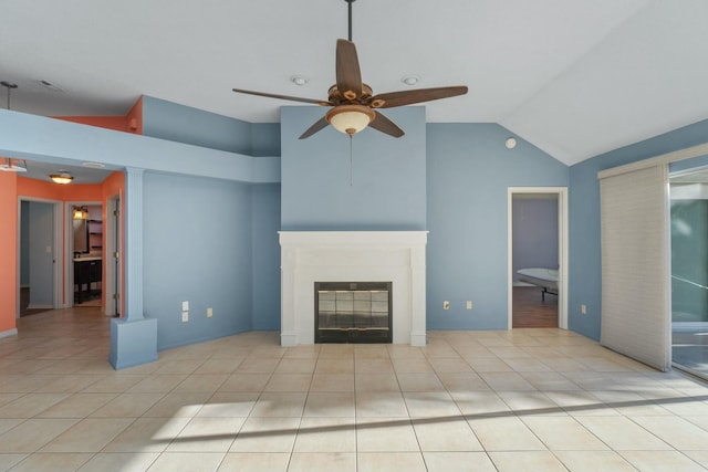 unfurnished living room featuring light tile patterned floors, high vaulted ceiling, and ceiling fan