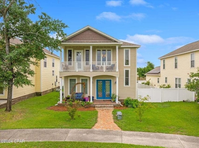 view of front of home with a balcony, french doors, and a front lawn