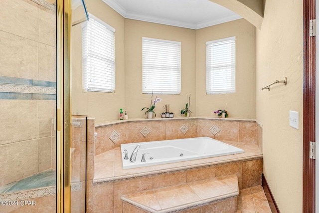 bathroom featuring tile patterned flooring, separate shower and tub, and crown molding