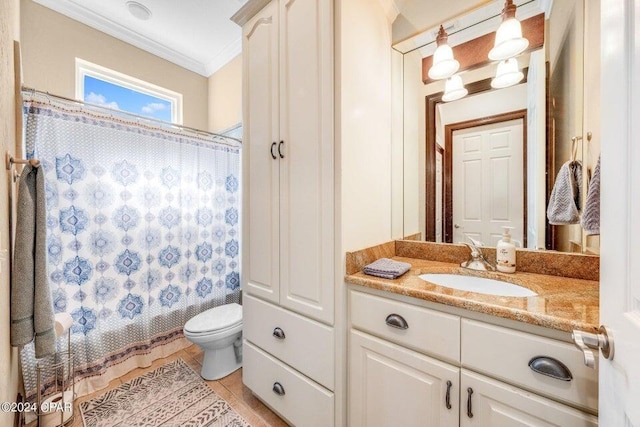 full bathroom with shower / bathtub combination with curtain, tile patterned flooring, ornamental molding, toilet, and vanity