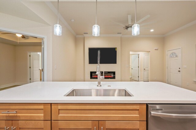 kitchen with stainless steel dishwasher, ceiling fan, ornamental molding, and sink