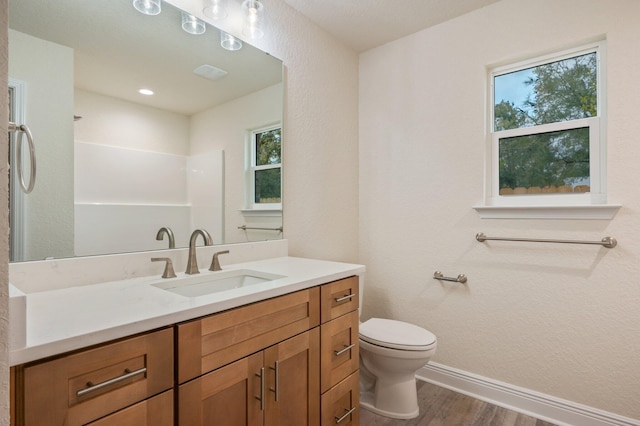 bathroom with a shower, vanity, wood-type flooring, and toilet