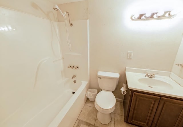 full bathroom with toilet, washtub / shower combination, tile patterned floors, and vanity