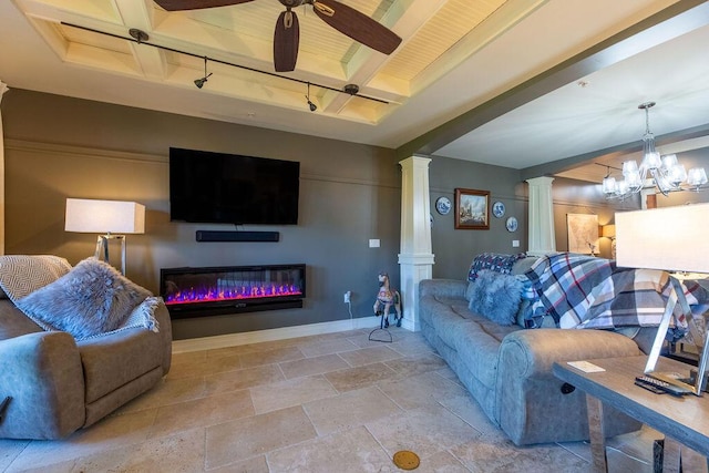 living room with beam ceiling, ceiling fan with notable chandelier, wood ceiling, and coffered ceiling