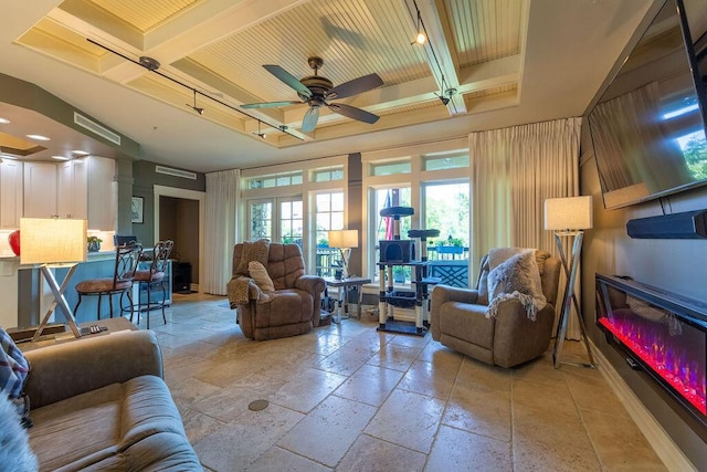 living room featuring beam ceiling, ceiling fan, coffered ceiling, and wood ceiling