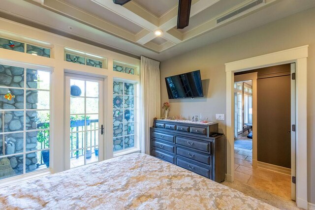 bedroom with beamed ceiling, access to outside, and coffered ceiling