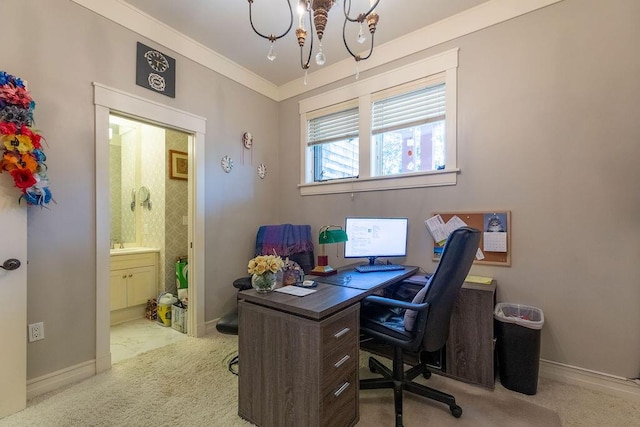 office space featuring light carpet, a chandelier, and ornamental molding