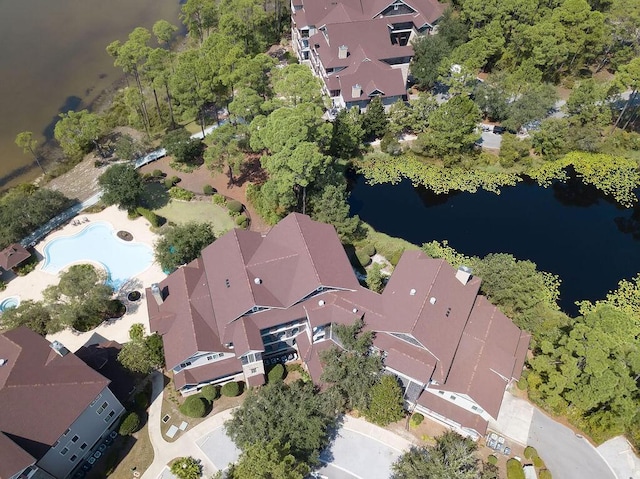 aerial view featuring a water view