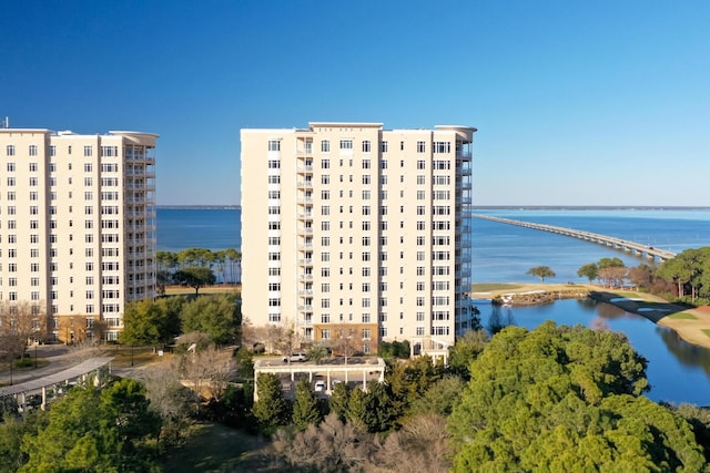 drone / aerial view with a water view