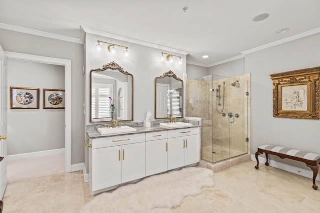 bathroom featuring crown molding, vanity, and an enclosed shower