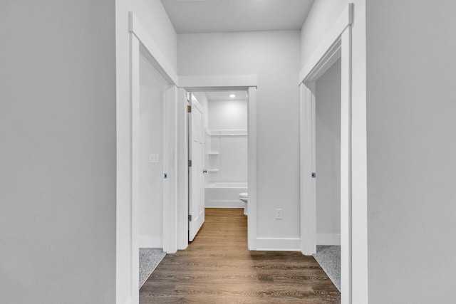 hallway with dark hardwood / wood-style floors