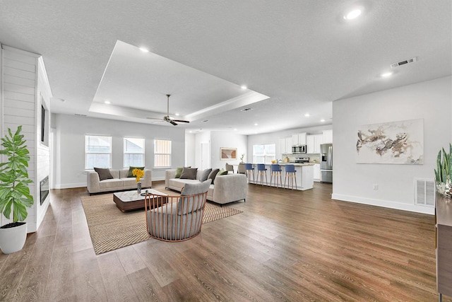 living room with a tray ceiling, dark hardwood / wood-style flooring, and a textured ceiling