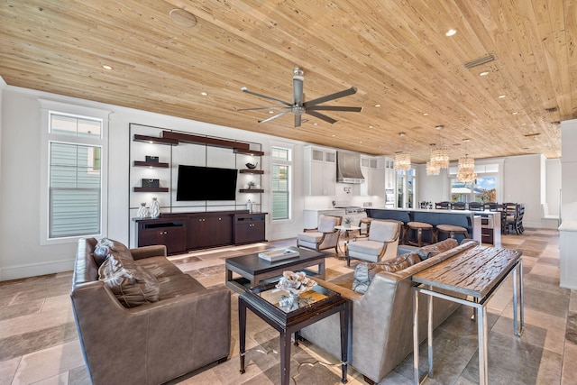 living room with ceiling fan and wooden ceiling