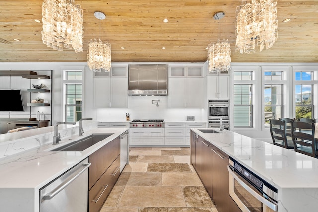 kitchen featuring a notable chandelier, white cabinetry, wooden ceiling, and hanging light fixtures