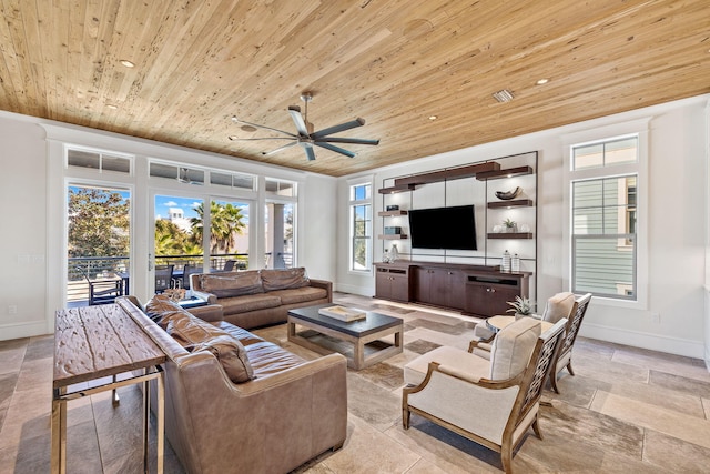 living room with ceiling fan, french doors, and wooden ceiling