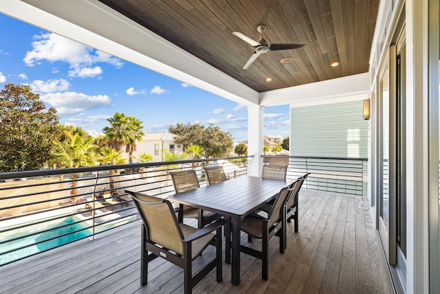 wooden terrace featuring ceiling fan