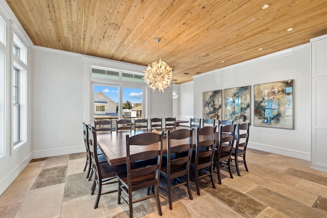 dining space with a notable chandelier and wooden ceiling