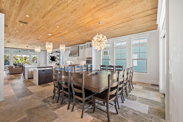 dining space featuring a chandelier and wooden ceiling