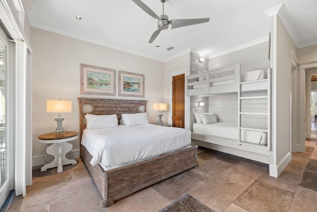 bedroom featuring ceiling fan and ornamental molding