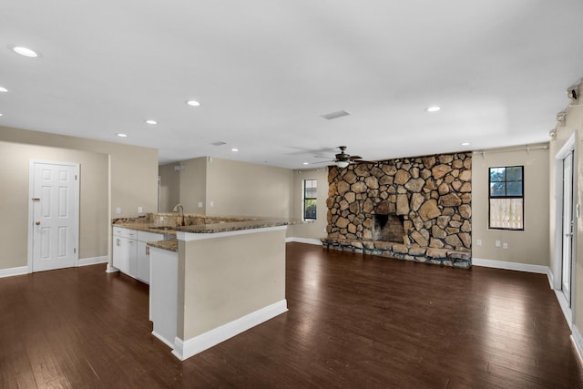 kitchen with a sink, a fireplace, open floor plan, and a wealth of natural light