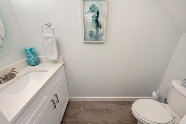 bathroom with wood-type flooring, vanity, and toilet