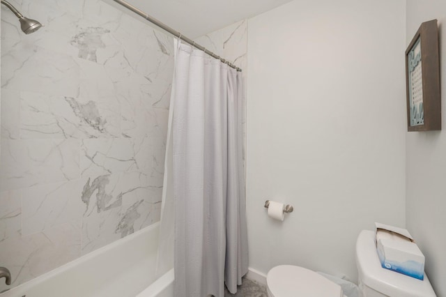 bathroom featuring toilet and shower / bathtub combination with curtain