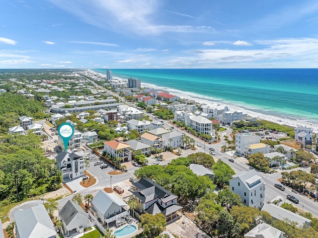 bird's eye view with a view of the beach and a water view