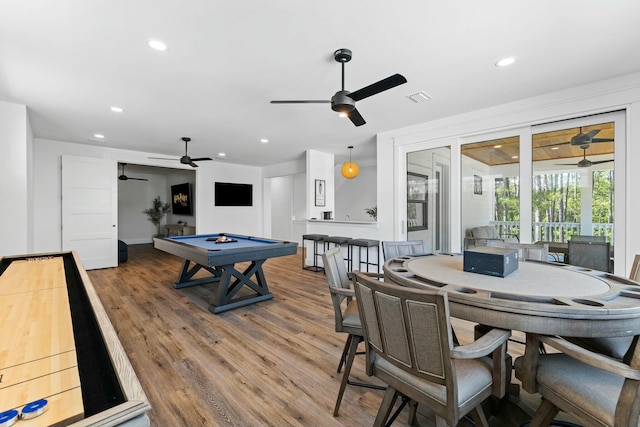 recreation room featuring ceiling fan, billiards, and wood-type flooring