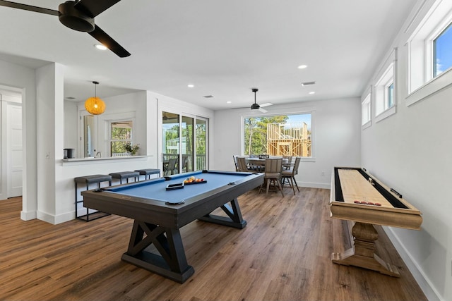 recreation room featuring wood-type flooring, ceiling fan, and billiards