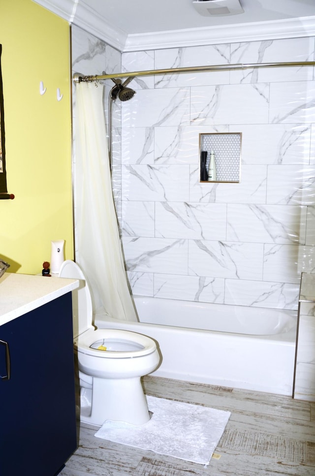 501 Benning Dr, Destin, FL 32541 - full bathroom featuring toilet, vanity, crown molding, and shower / bath combination with curtain