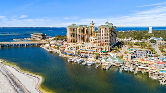 bird's eye view with a water view and a beach view