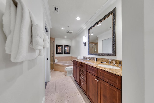 full bathroom featuring tile patterned floors, ornamental molding, vanity, separate shower and tub, and toilet