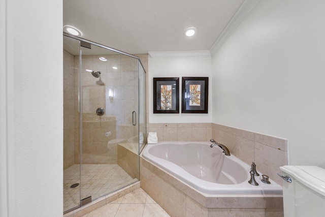 bathroom with toilet, independent shower and bath, tile patterned floors, and ornamental molding