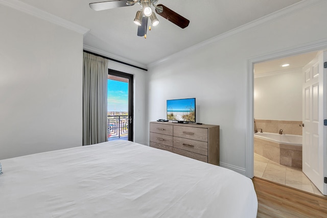 bedroom with ceiling fan, access to exterior, crown molding, and ensuite bath