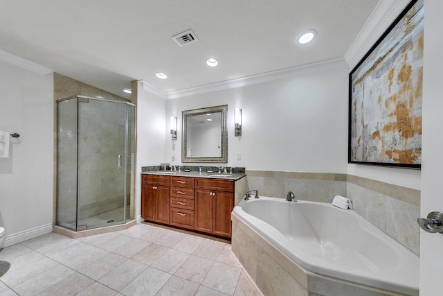 full bathroom with tile patterned flooring, vanity, crown molding, and plus walk in shower