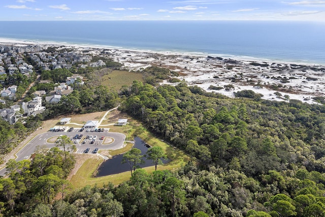 bird's eye view featuring a water view and a view of the beach