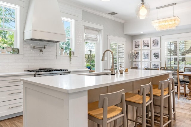 kitchen featuring premium range hood, white cabinets, and an island with sink