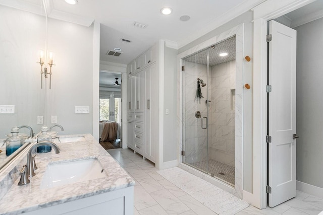 bathroom with walk in shower, crown molding, and ceiling fan