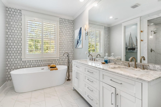 bathroom with plus walk in shower, vanity, and ornamental molding