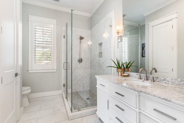 bathroom featuring vanity, toilet, walk in shower, and crown molding