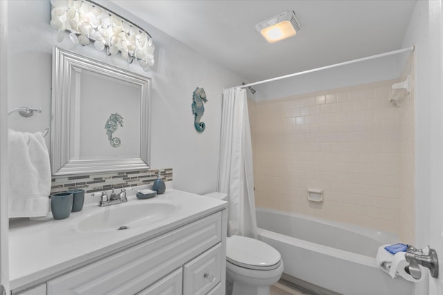 full bathroom featuring decorative backsplash, shower / bath combo with shower curtain, vanity, and toilet