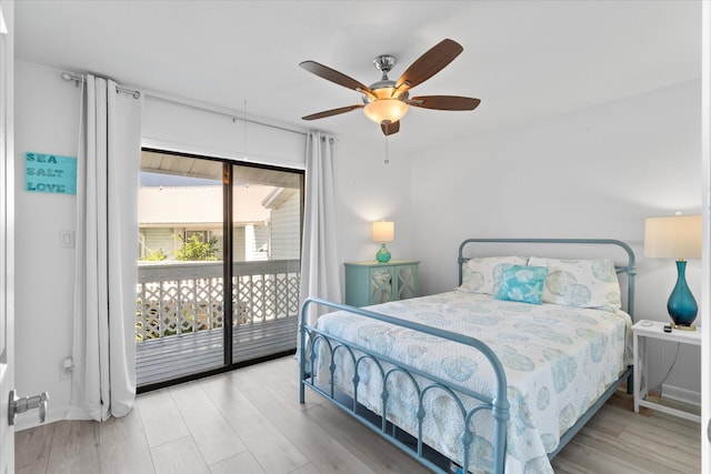 bedroom featuring access to outside, ceiling fan, and light wood-type flooring