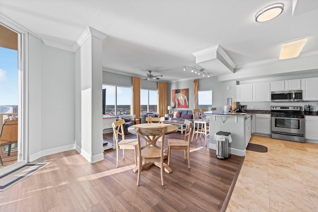 dining area featuring ceiling fan, light wood-type flooring, ornamental molding, and rail lighting