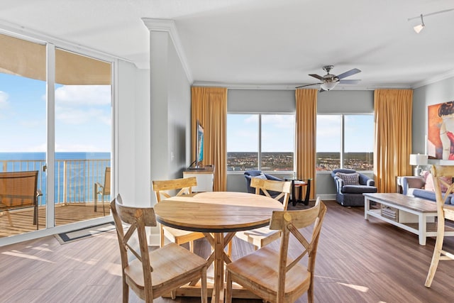 dining space featuring hardwood / wood-style floors, ceiling fan, a water view, and ornamental molding