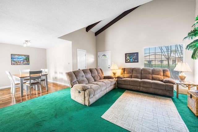 carpeted living room with high vaulted ceiling and a textured ceiling