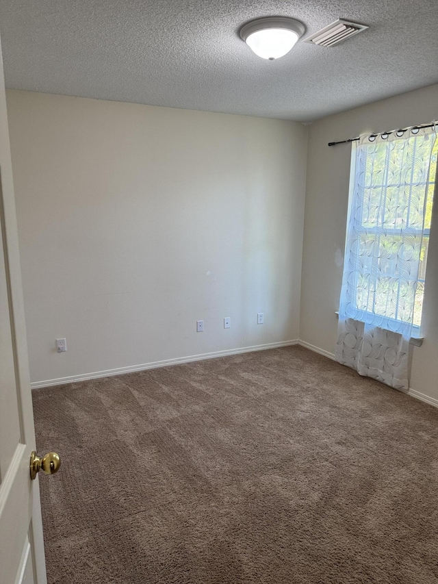 unfurnished room with carpet and a textured ceiling