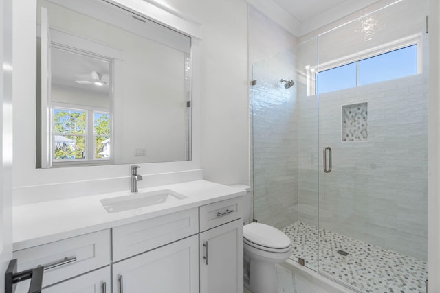 bathroom featuring vanity, toilet, and an enclosed shower