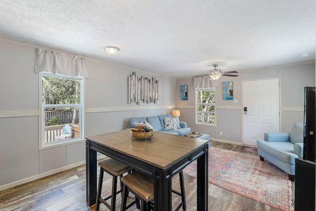 dining room featuring hardwood / wood-style floors, ceiling fan, a textured ceiling, and a wealth of natural light